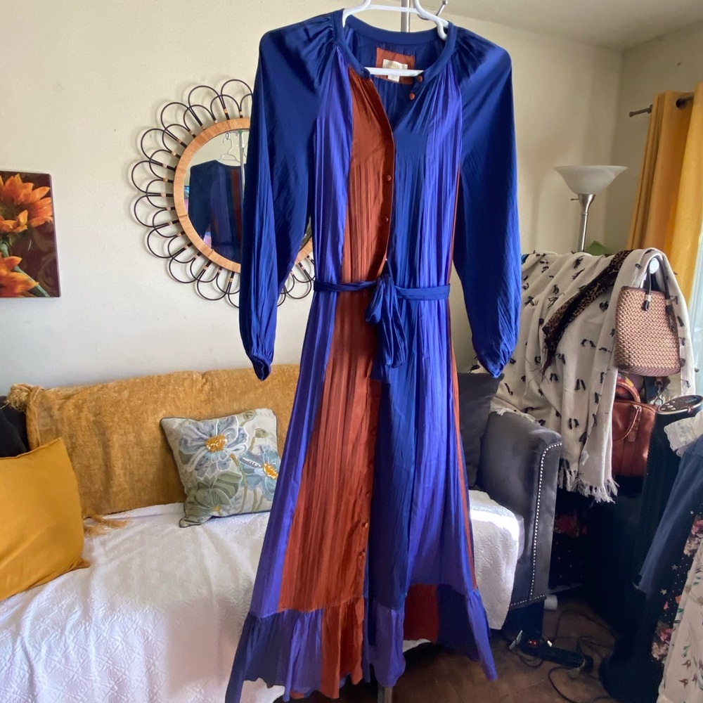 Maeve Anthropologie Colorblock Maxi Puff Sleeve Dress Blue Brown Size